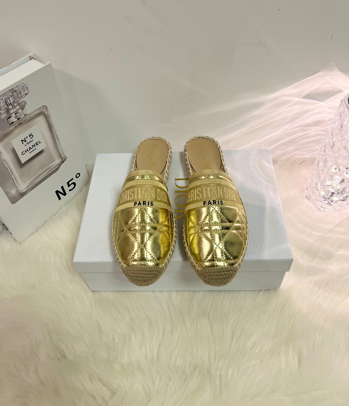 DIOR GRANVILLE ESPADRILLE MULE GOLD QUILTED CANNAGE CALFSKIN