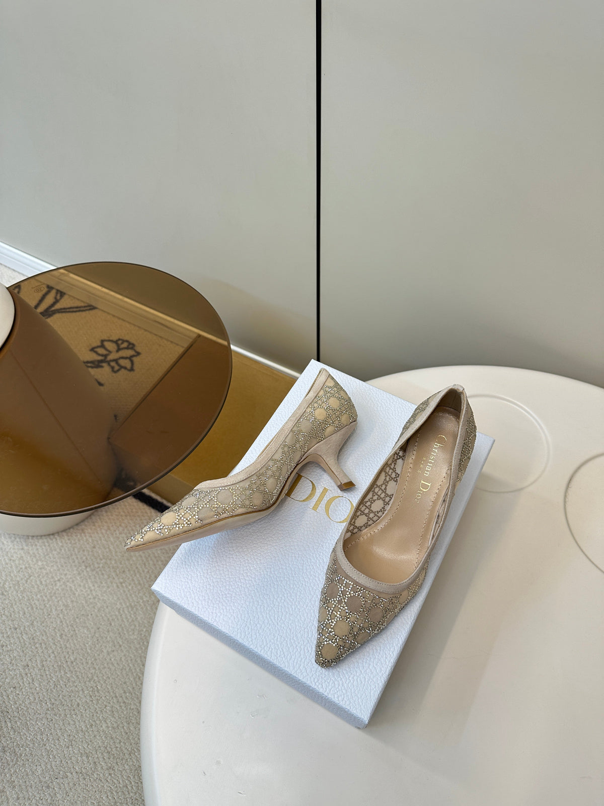 DIOR POINTED TOE HEELS 55MM IN NUDE MESH WITH RHINESTONES