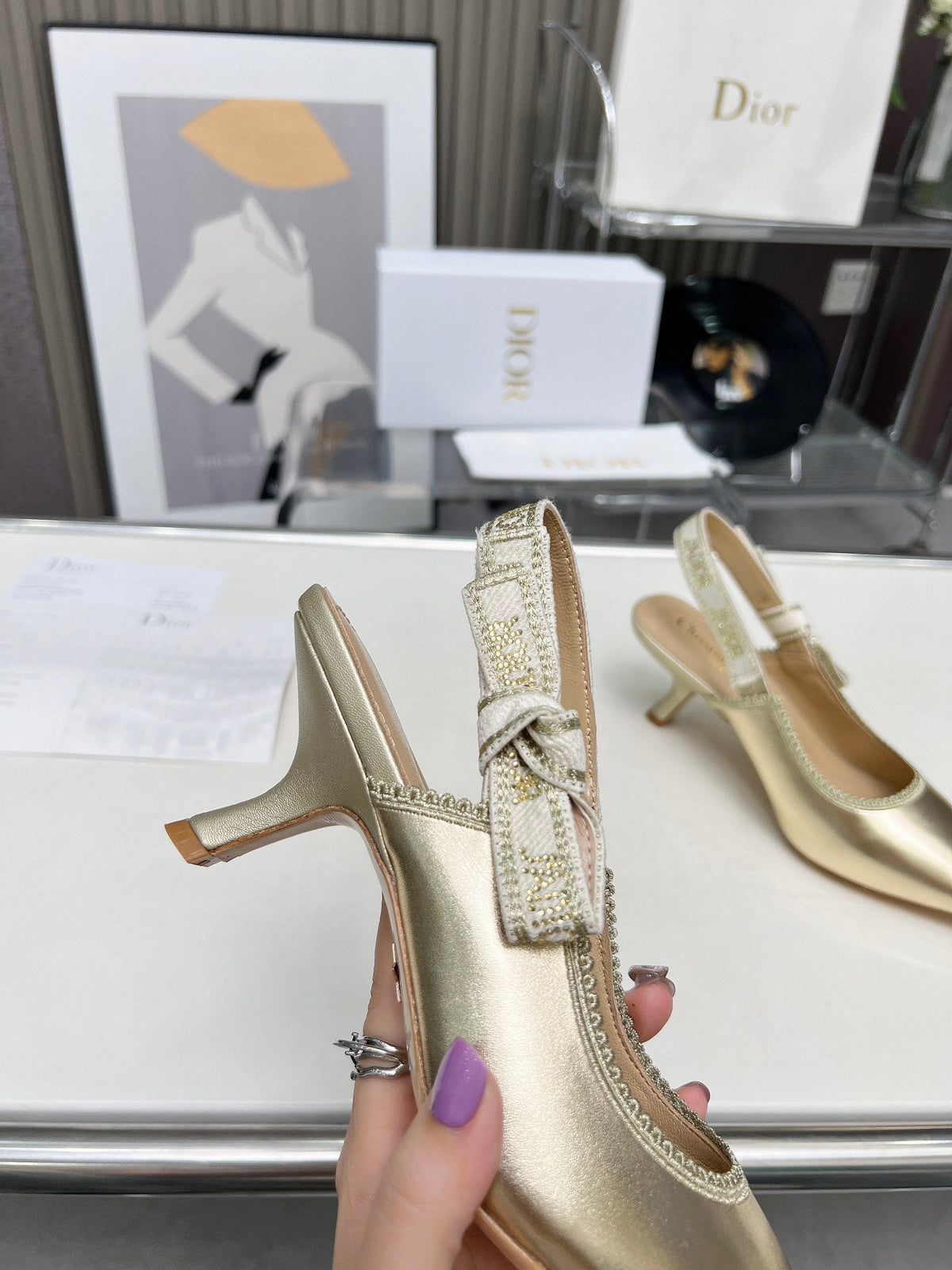 DIOR J'A SLINGBACK PUMP LIGHT GOLD CALFSKIN AND EMBROIDERED FABRIC 65 MM