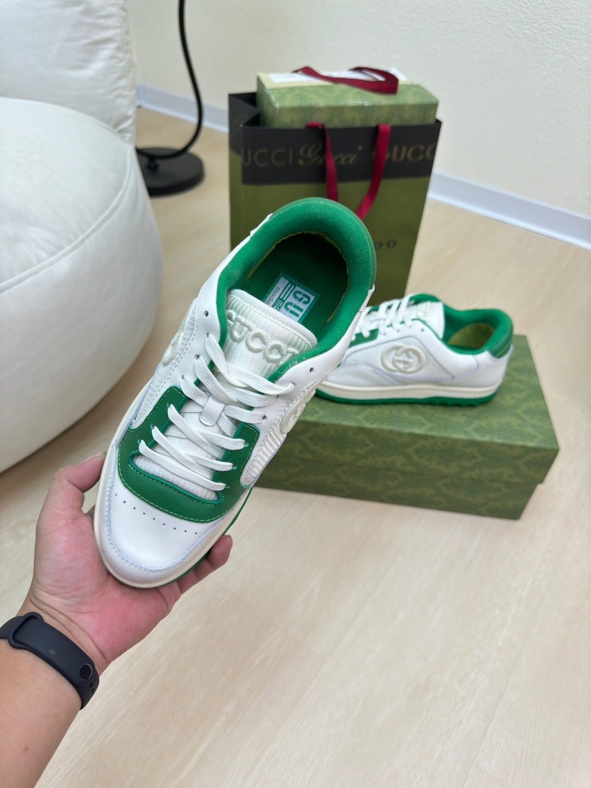 GUCCI INTERLOCKING G SNEAKER WHITE GREEN CALFSKIN AND FABRIC