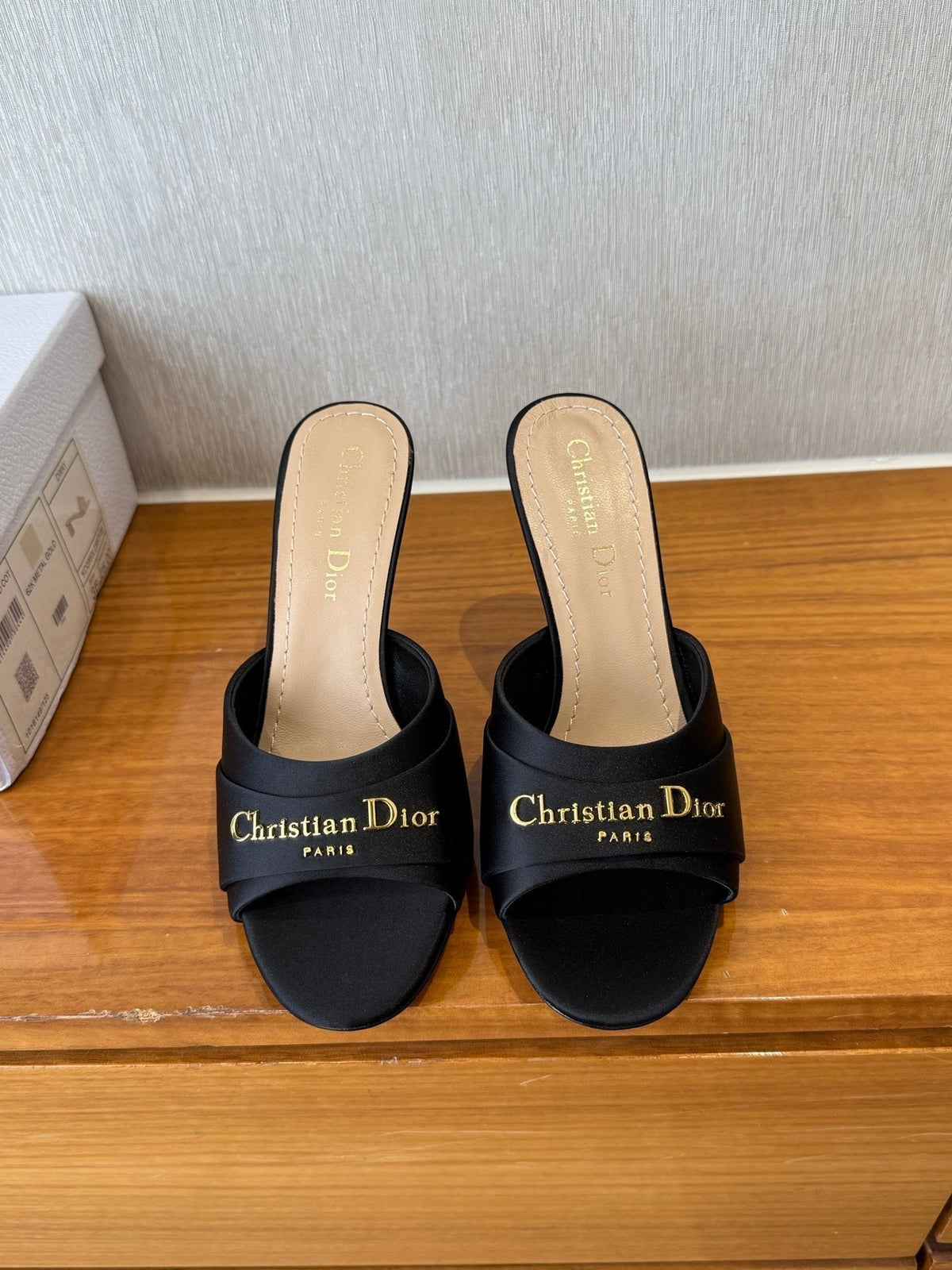 DIOR PEEP TOE SANDAL 25S HEELS 10CM IN BLACK SATIN