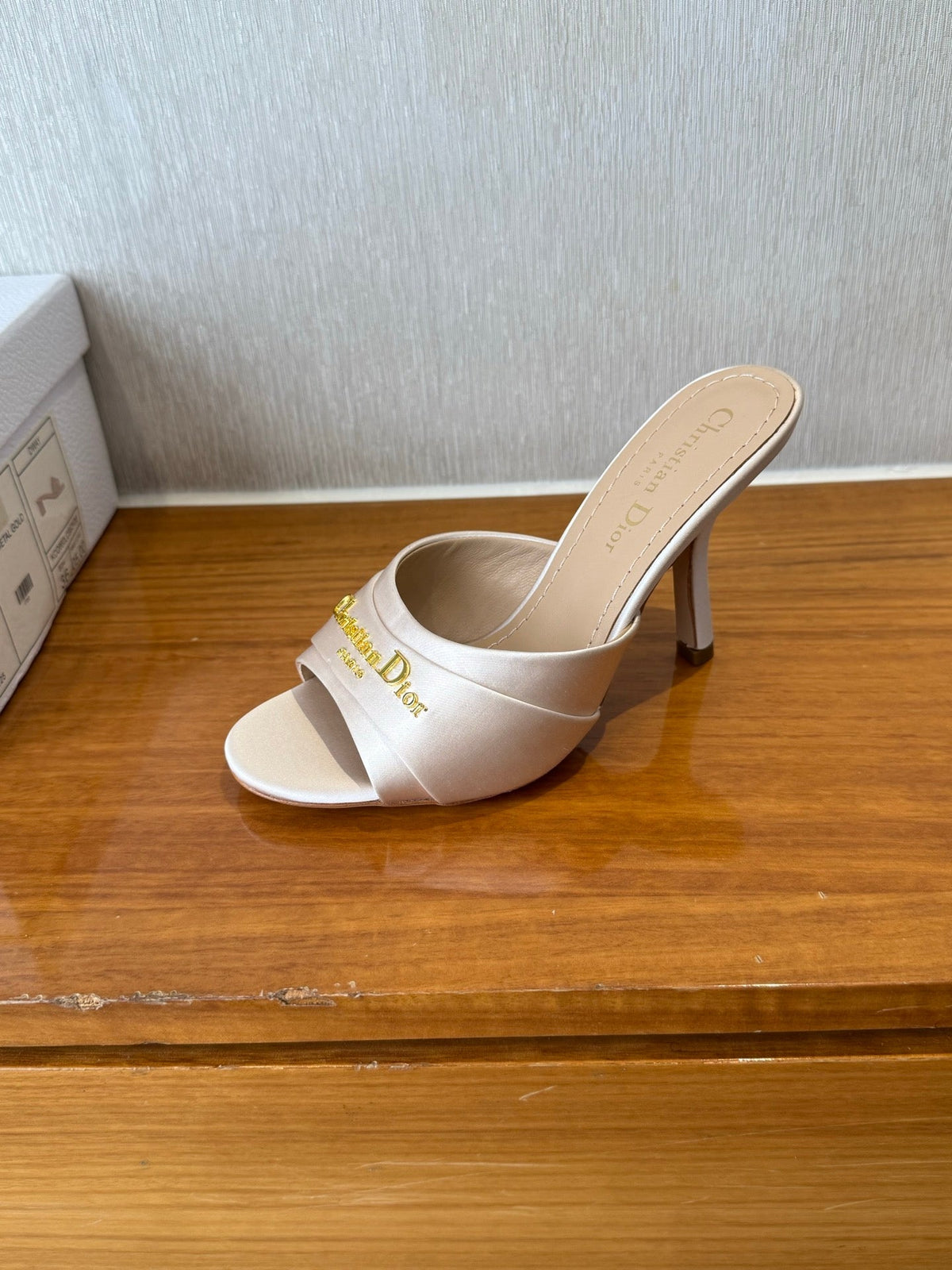 DIOR PEEP TOE SANDAL 25S HEELS 10CM IN PALE PINK BEIGE SATIN